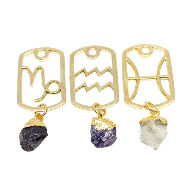 Gold Zodiac Dog Tags with raw birthstones: Capricorn & Garnet, Aquarius & Amethyst, Pisces & Aquamarine.